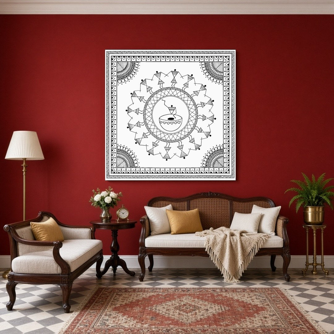 Experience the enchanting rhythm of village life with this exquisite Warli Art print. Delicate for Sitting Area