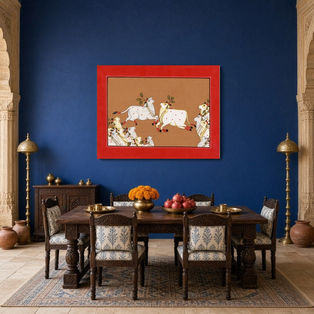 Dive into the celestial world of Pichwai with this captivating artwork showcasing divine cows in for Dining