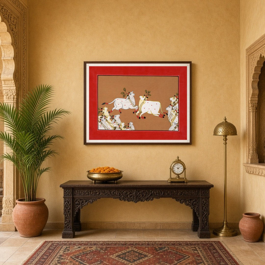 Dive into the celestial world of Pichwai with this captivating artwork showcasing divine cows in for Entrance