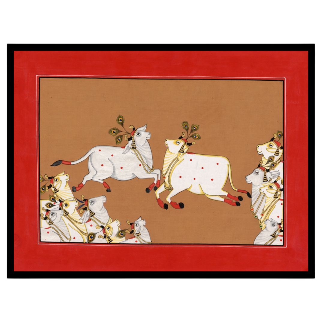 Dive into the celestial world of Pichwai with this captivating artwork showcasing divine cows in for hallway