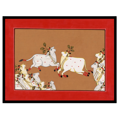 Dive into the celestial world of Pichwai with this captivating artwork showcasing divine cows in for hallway
