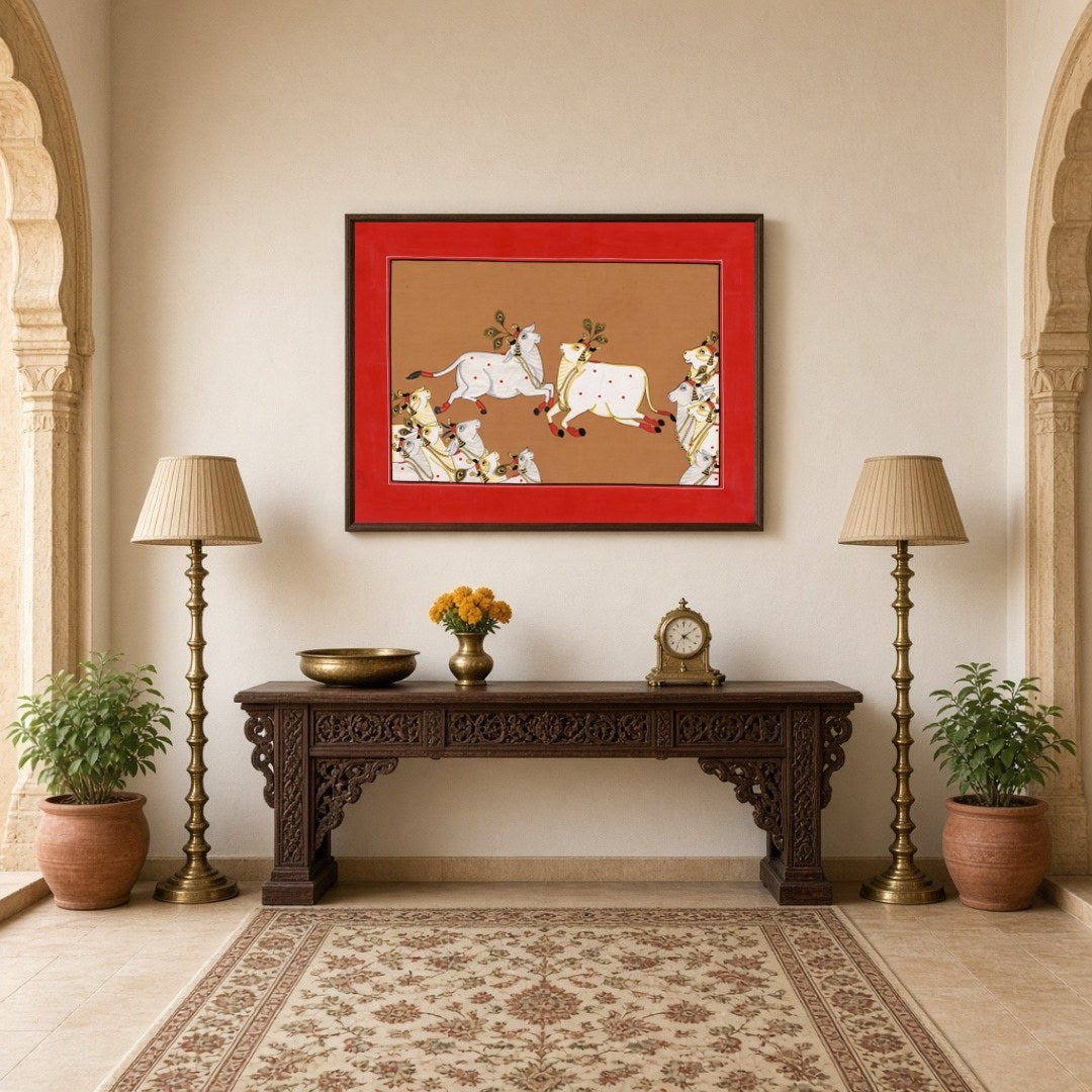 Dive into the celestial world of Pichwai with this captivating artwork showcasing divine cows in for haven