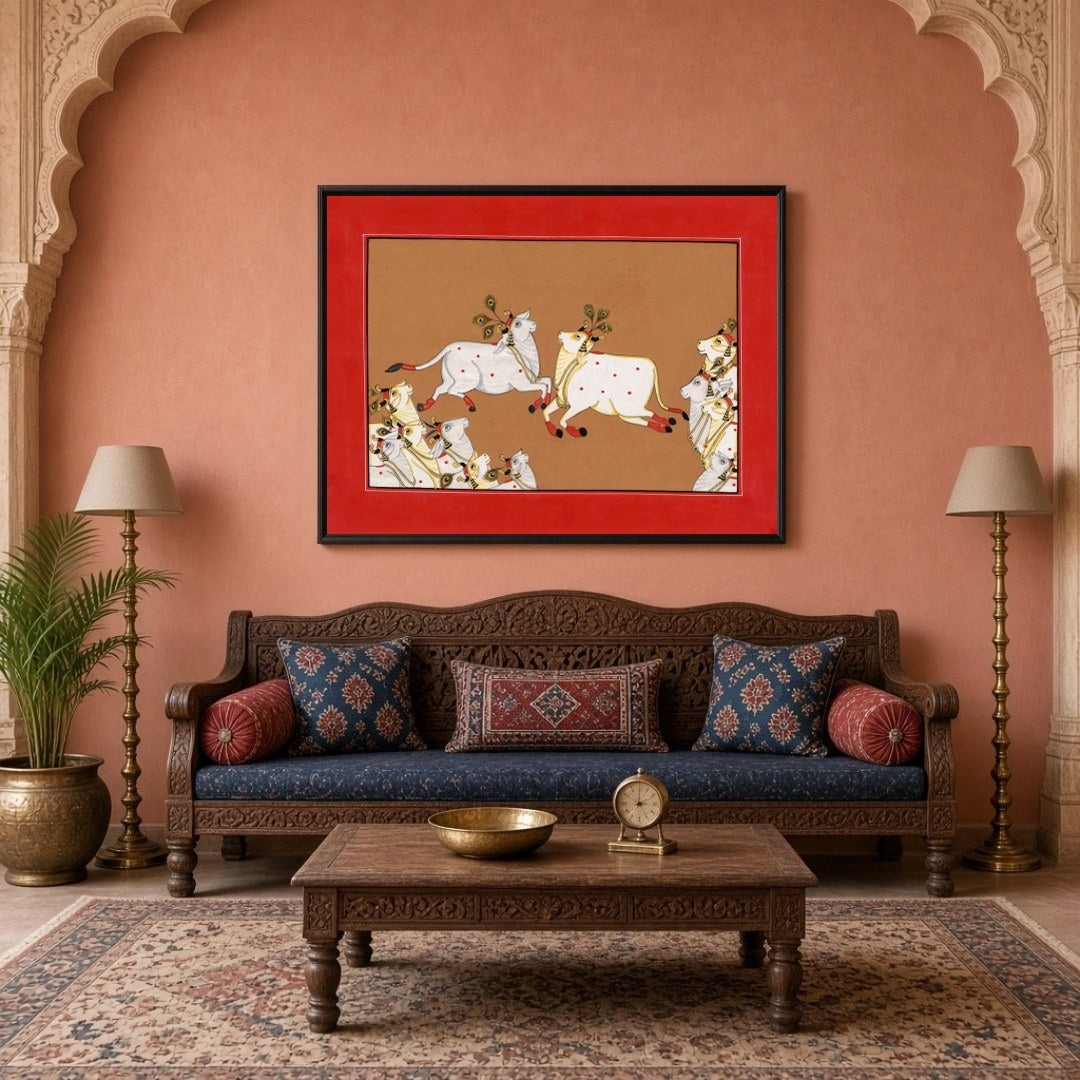 Dive into the celestial world of Pichwai with this captivating artwork showcasing divine cows in for Living Room