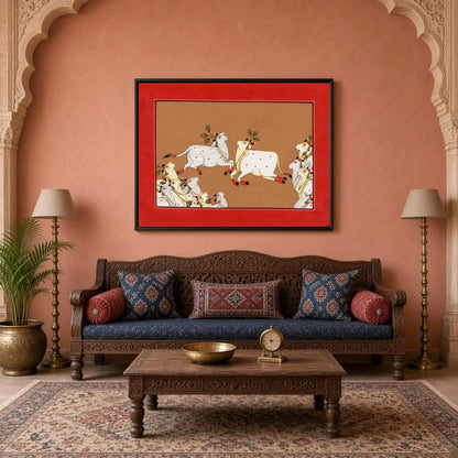 Dive into the celestial world of Pichwai with this captivating artwork showcasing divine cows in for Living Room