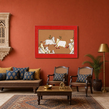 Dive into the celestial world of Pichwai with this captivating artwork showcasing divine cows in for Sitting Area