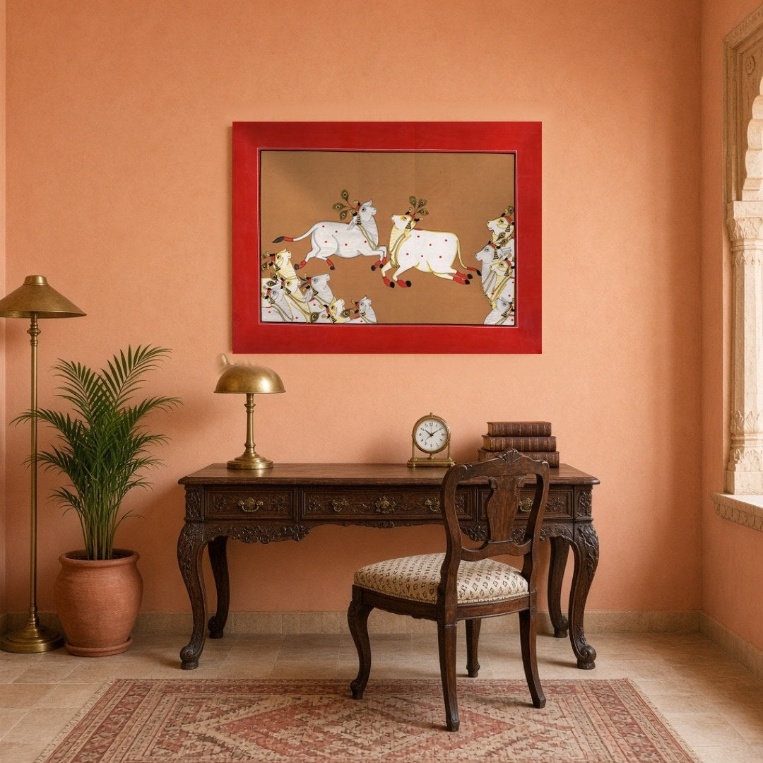 Dive into the celestial world of Pichwai with this captivating artwork showcasing divine cows in for Study