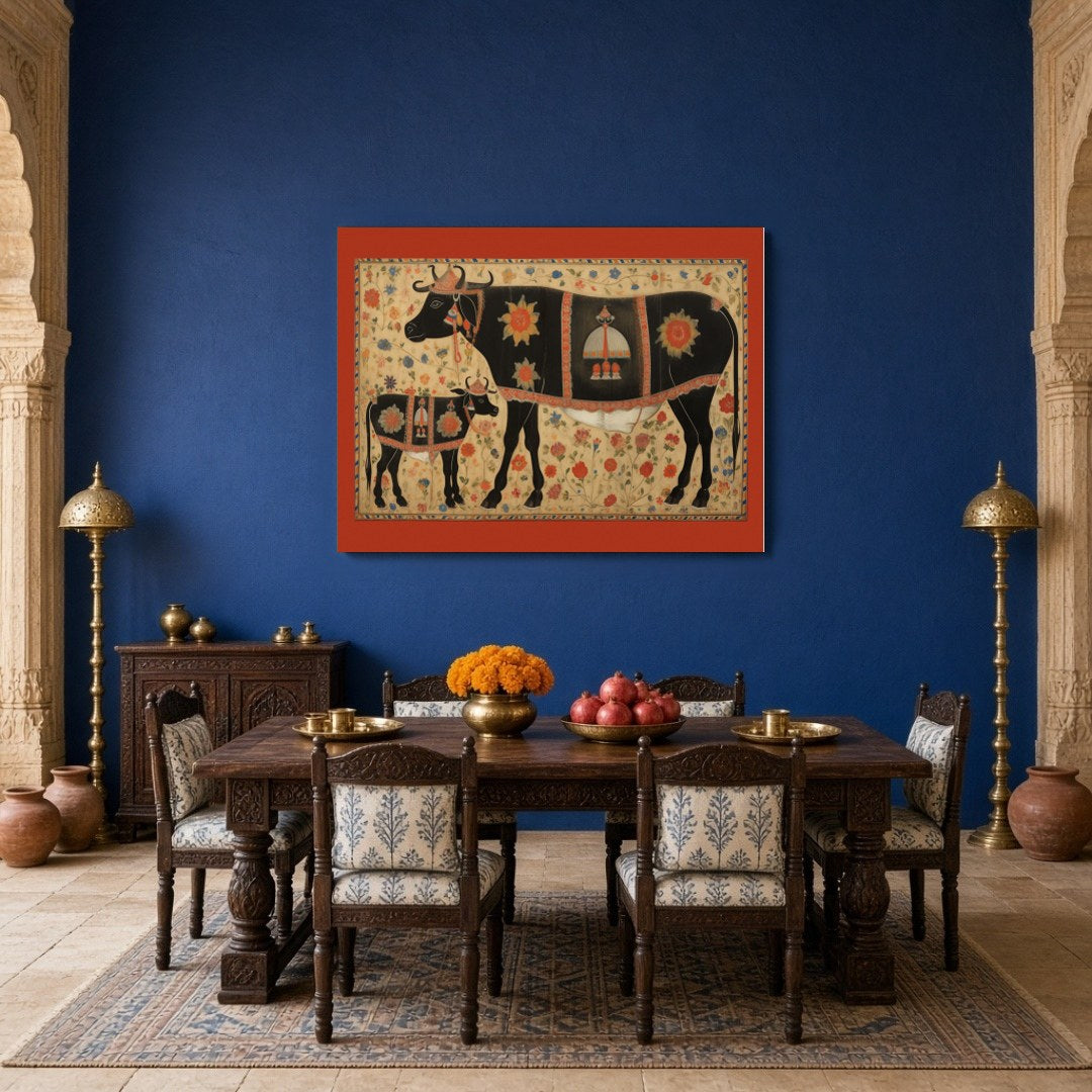 Immerse yourself in the vibrant tradition of Pichwai art with this captivating depiction of sacred for Dining