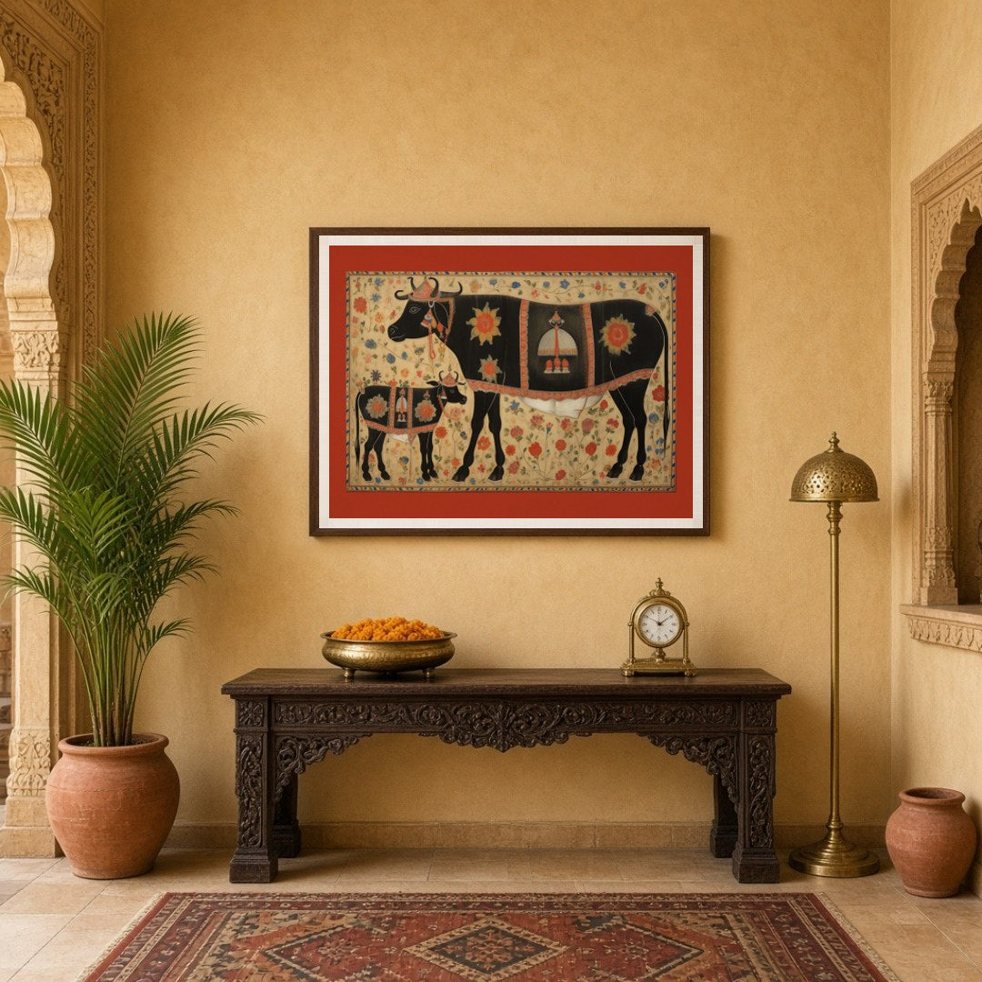 Immerse yourself in the vibrant tradition of Pichwai art with this captivating depiction of sacred for Entrance