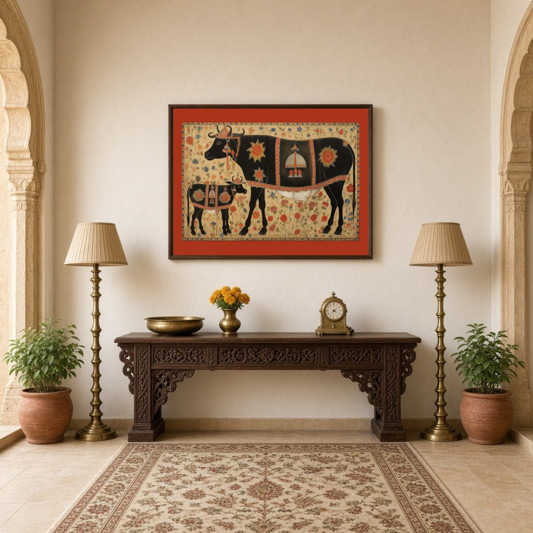 Immerse yourself in the vibrant tradition of Pichwai art with this captivating depiction of sacred for Hallway