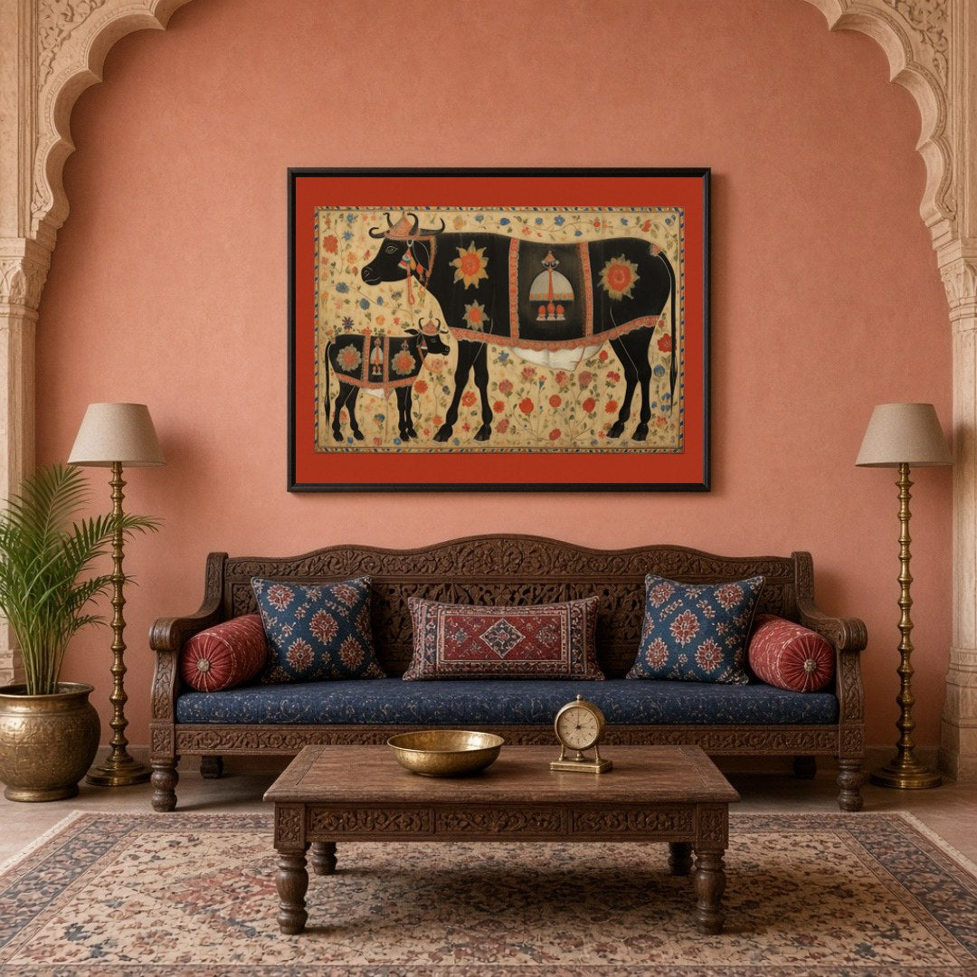 Immerse yourself in the vibrant tradition of Pichwai art with this captivating depiction of sacred for Living Room