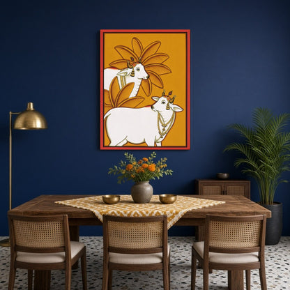 This exquisite Pichwai artwork captures the timeless elegance of Kamdhenu surrounded by vibrant for Dining