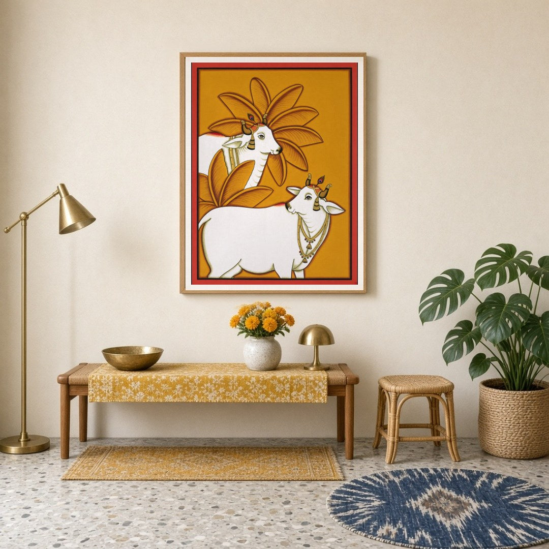 This exquisite Pichwai artwork captures the timeless elegance of Kamdhenu surrounded by vibrant for Entrance