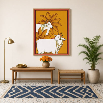 This exquisite Pichwai artwork captures the timeless elegance of Kamdhenu surrounded by vibrant for Hallway
