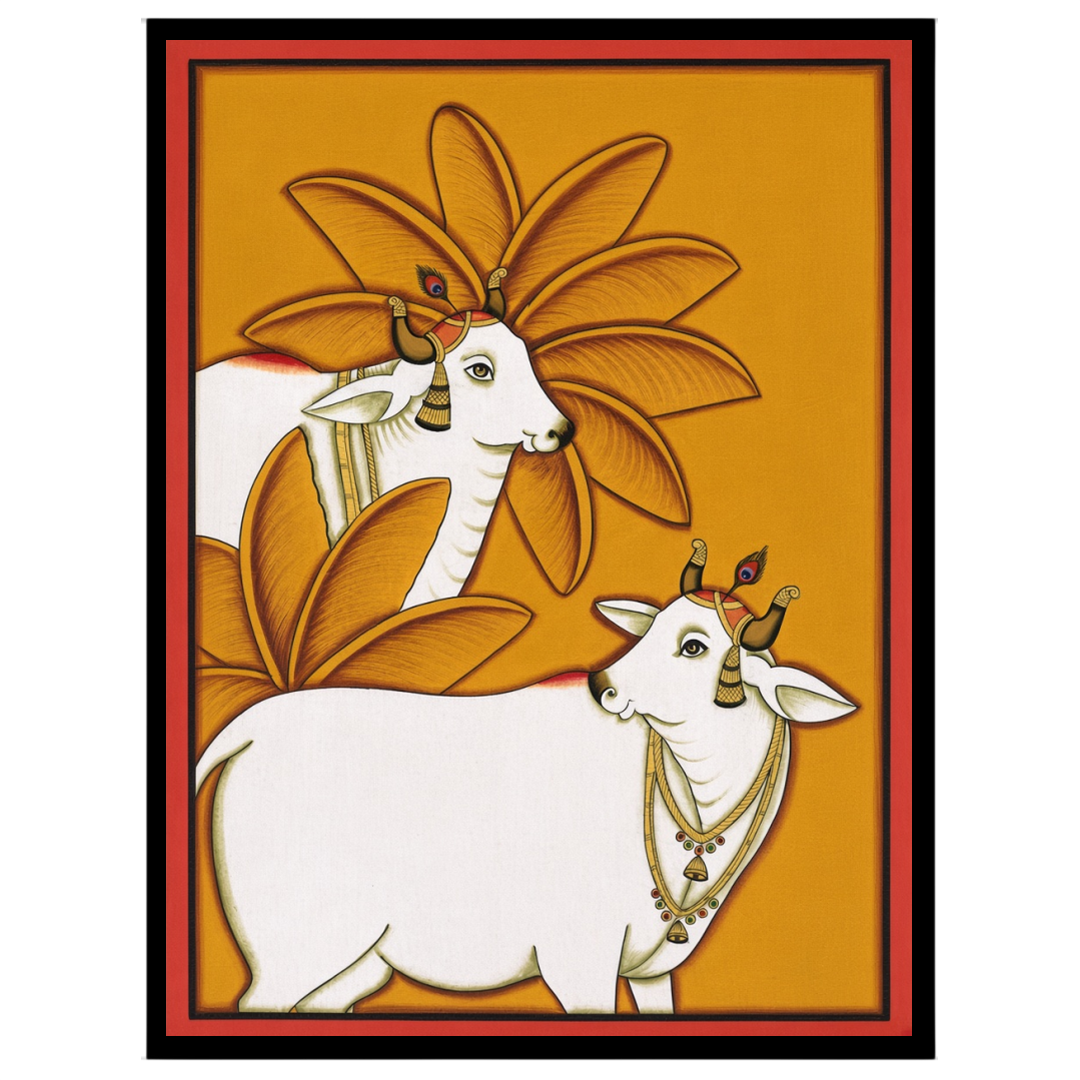 This exquisite Pichwai artwork captures the timeless elegance of Kamdhenu surrounded by vibrant for haven