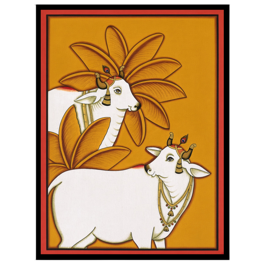 This exquisite Pichwai artwork captures the timeless elegance of Kamdhenu surrounded by vibrant for haven