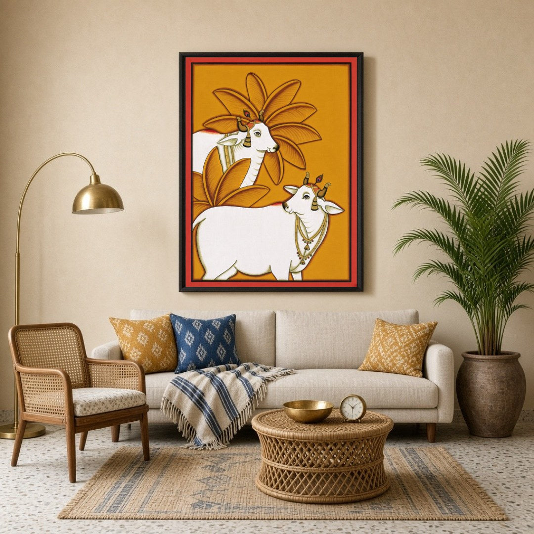 This exquisite Pichwai artwork captures the timeless elegance of Kamdhenu surrounded by vibrant for Living Room