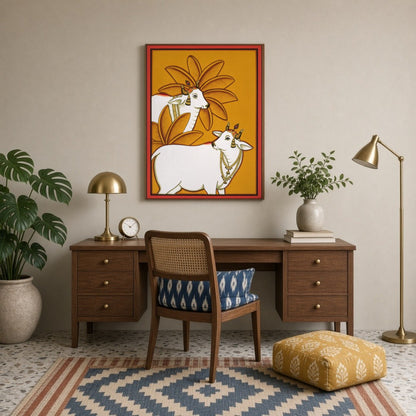 This exquisite Pichwai artwork captures the timeless elegance of Kamdhenu surrounded by vibrant for Study
