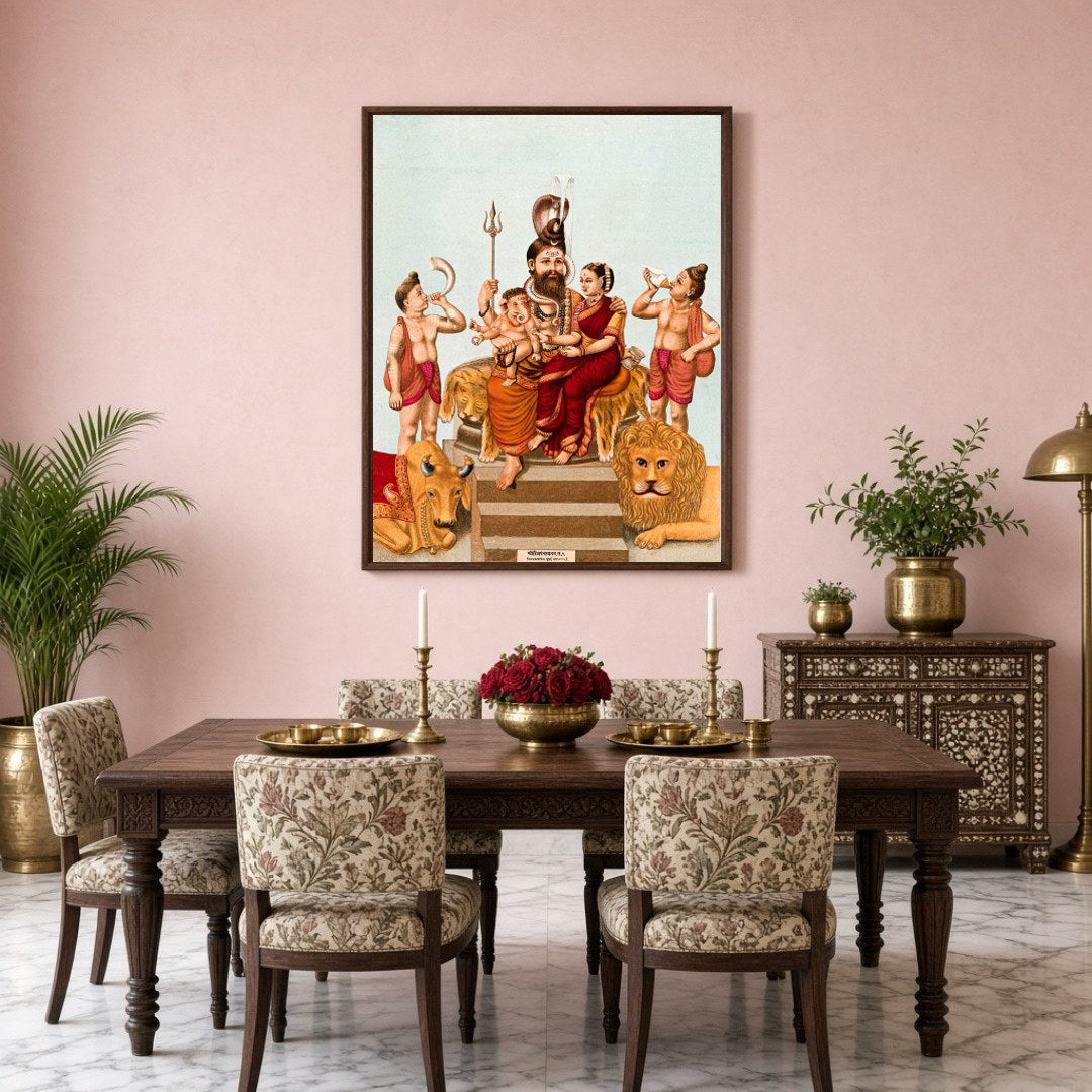 Immerse yourself in this vibrant portrayal of divinity, capturing Lord Shiva, Goddess Parvati, and for Dining