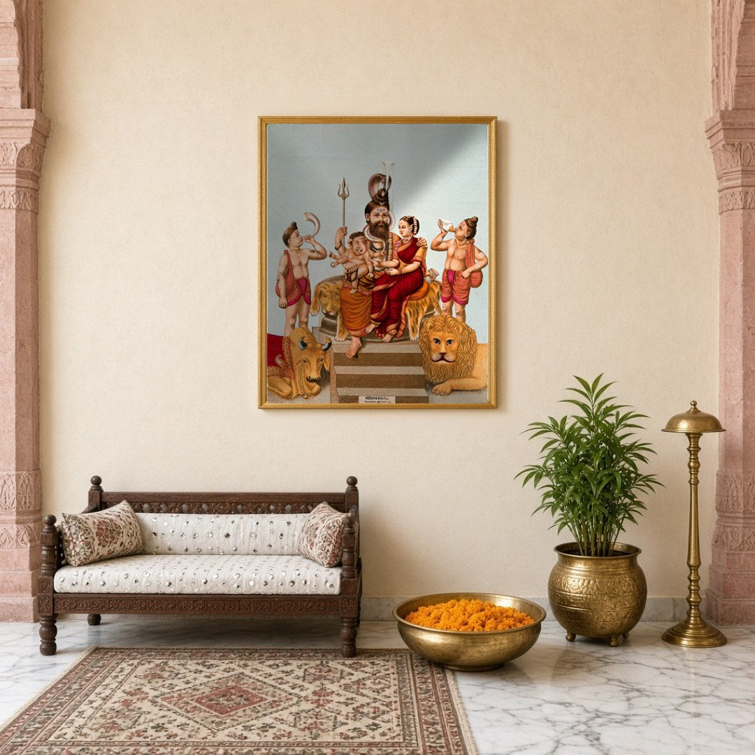 Immerse yourself in this vibrant portrayal of divinity, capturing Lord Shiva, Goddess Parvati, and for Entrance