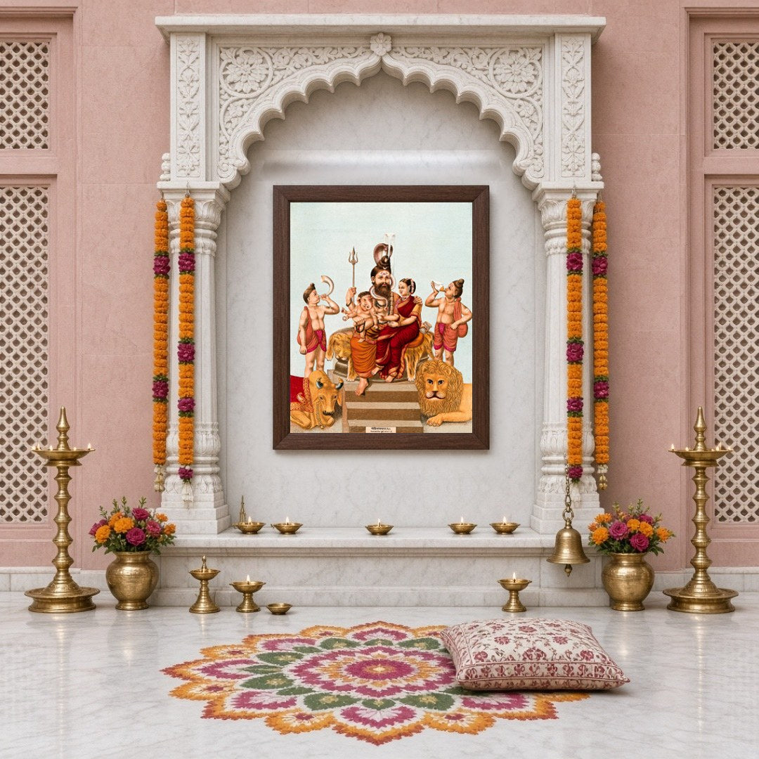 Immerse yourself in this vibrant portrayal of divinity, capturing Lord Shiva, Goddess Parvati, and for Home Temple