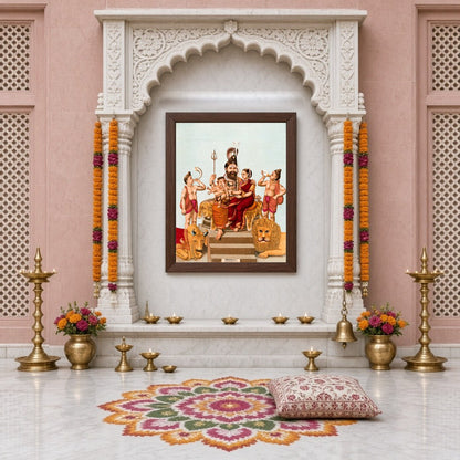 Immerse yourself in this vibrant portrayal of divinity, capturing Lord Shiva, Goddess Parvati, and for Home Temple