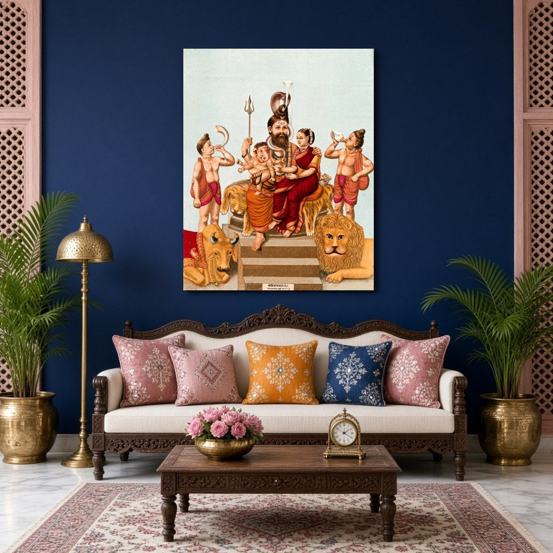 Immerse yourself in this vibrant portrayal of divinity, capturing Lord Shiva, Goddess Parvati, and for Living Room