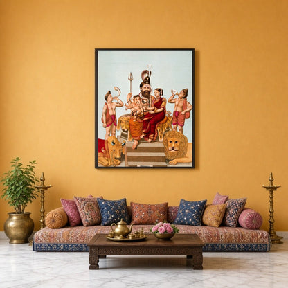 Immerse yourself in this vibrant portrayal of divinity, capturing Lord Shiva, Goddess Parvati, and for Sitting Lounge
