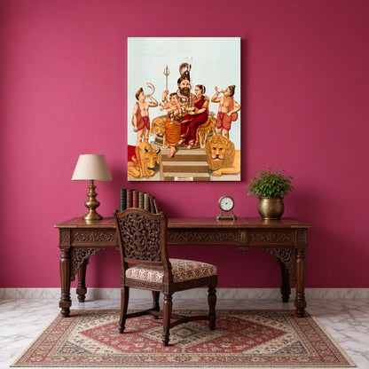 Immerse yourself in this vibrant portrayal of divinity, capturing Lord Shiva, Goddess Parvati, and for Study