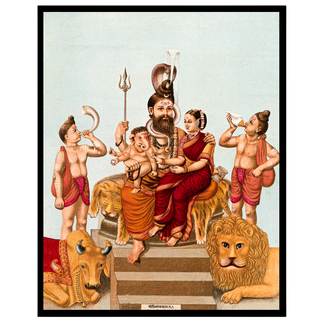 Immerse yourself in this vibrant portrayal of divinity, capturing Lord Shiva, Goddess Parvati, and for sweet-home