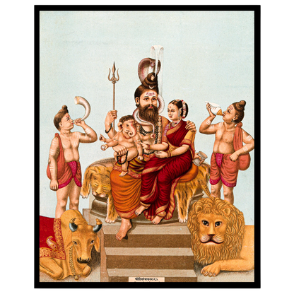 Immerse yourself in this vibrant portrayal of divinity, capturing Lord Shiva, Goddess Parvati, and for sweet-home