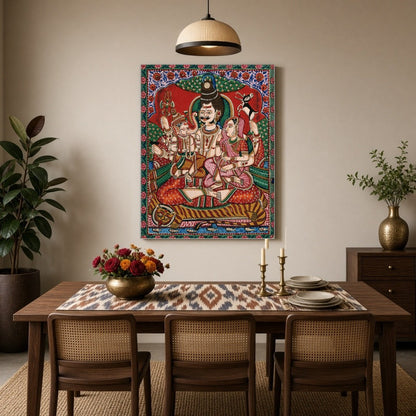 Experience the divine family bond with this captivating artwork depicting Shiva, Parvati, and for Dining