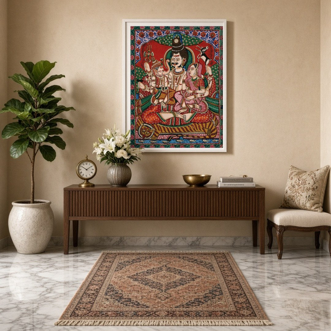 Experience the divine family bond with this captivating artwork depicting Shiva, Parvati, and for Entrance
