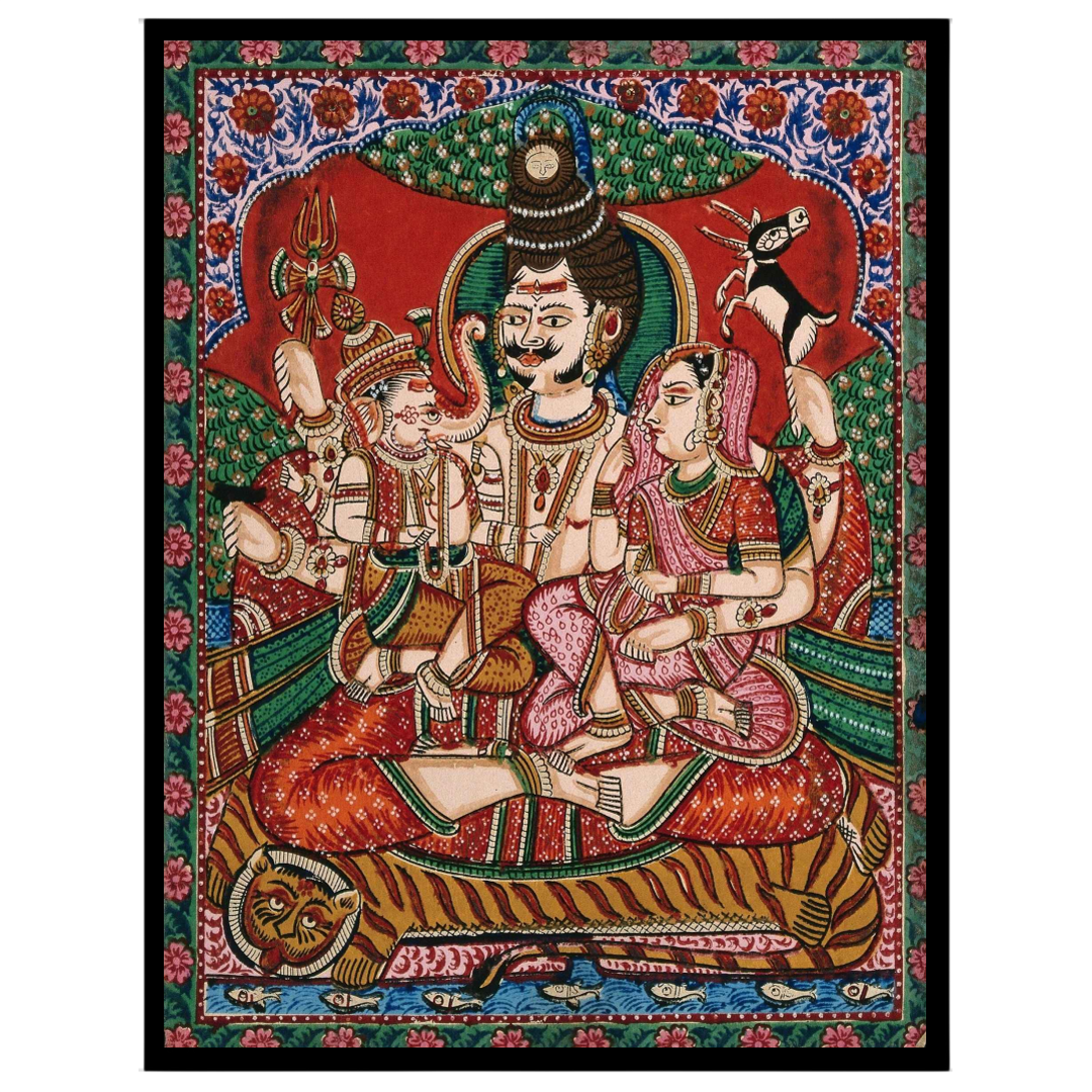 Experience the divine family bond with this captivating artwork depicting Shiva, Parvati, and for gallery