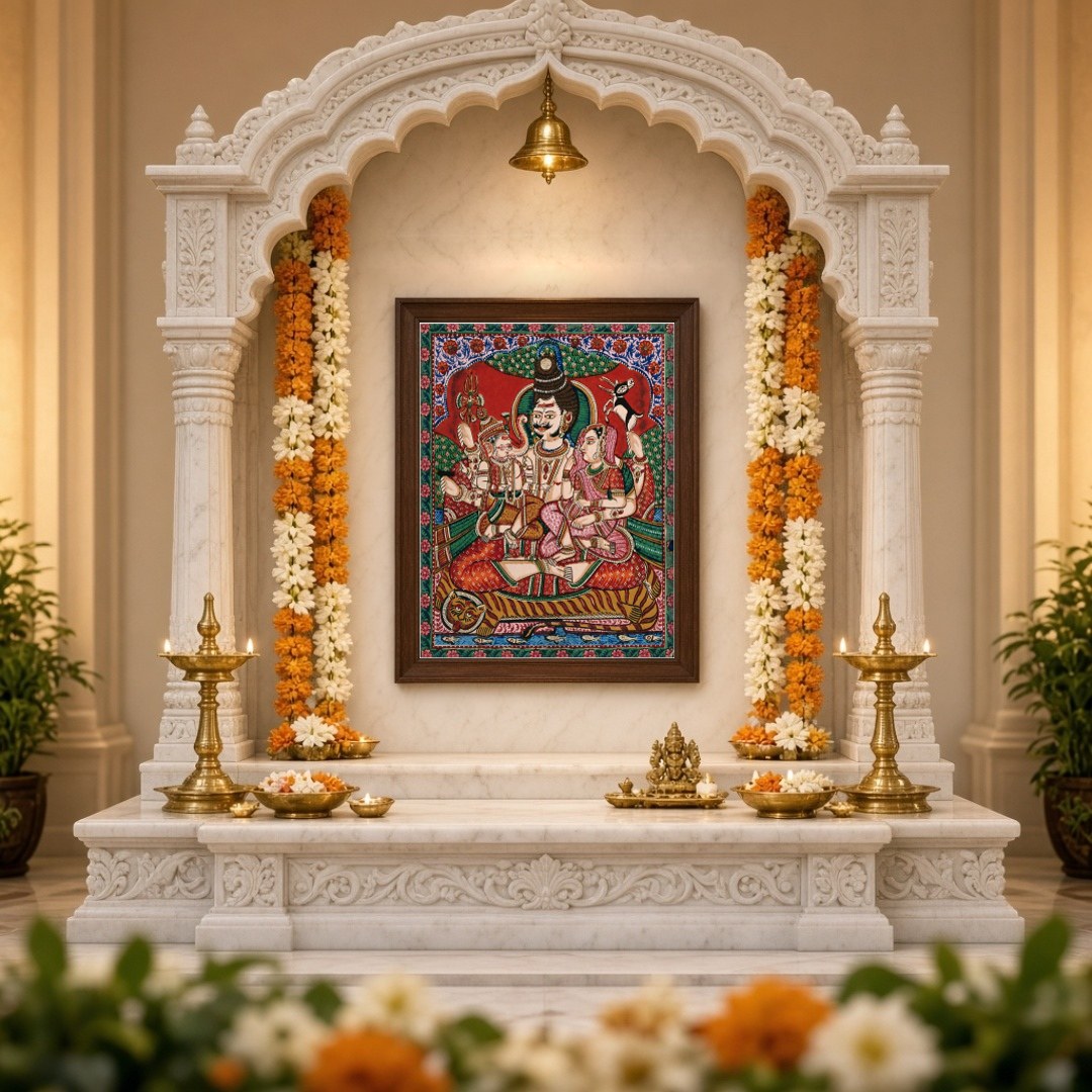 Experience the divine family bond with this captivating artwork depicting Shiva, Parvati, and for Home Temple