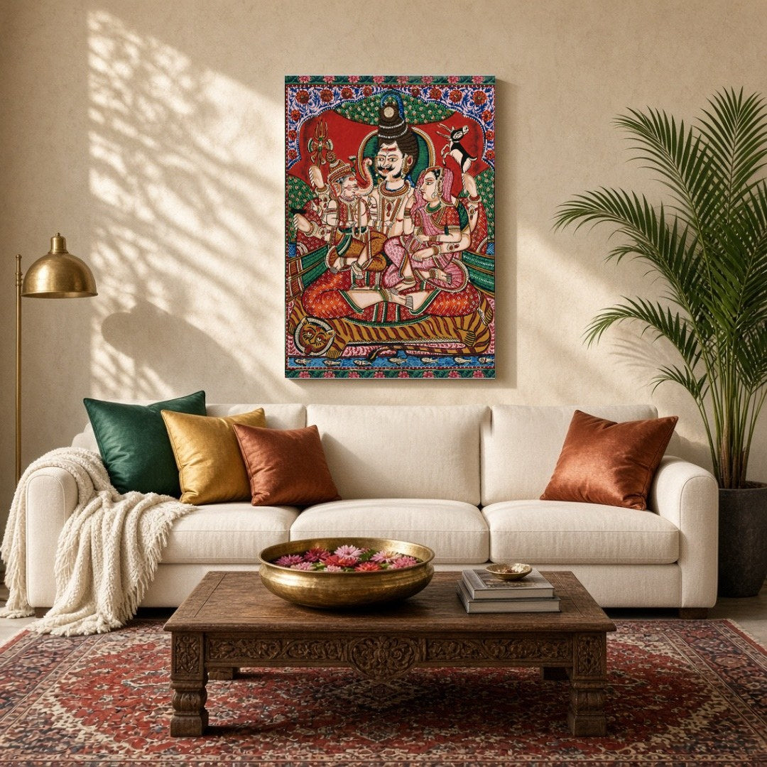 Experience the divine family bond with this captivating artwork depicting Shiva, Parvati, and for Living Room