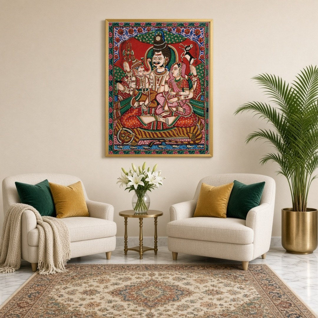 Experience the divine family bond with this captivating artwork depicting Shiva, Parvati, and for Sitting Lounge