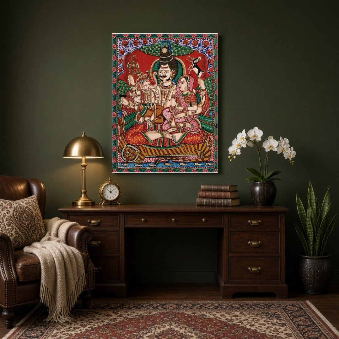Experience the divine family bond with this captivating artwork depicting Shiva, Parvati, and for Study
