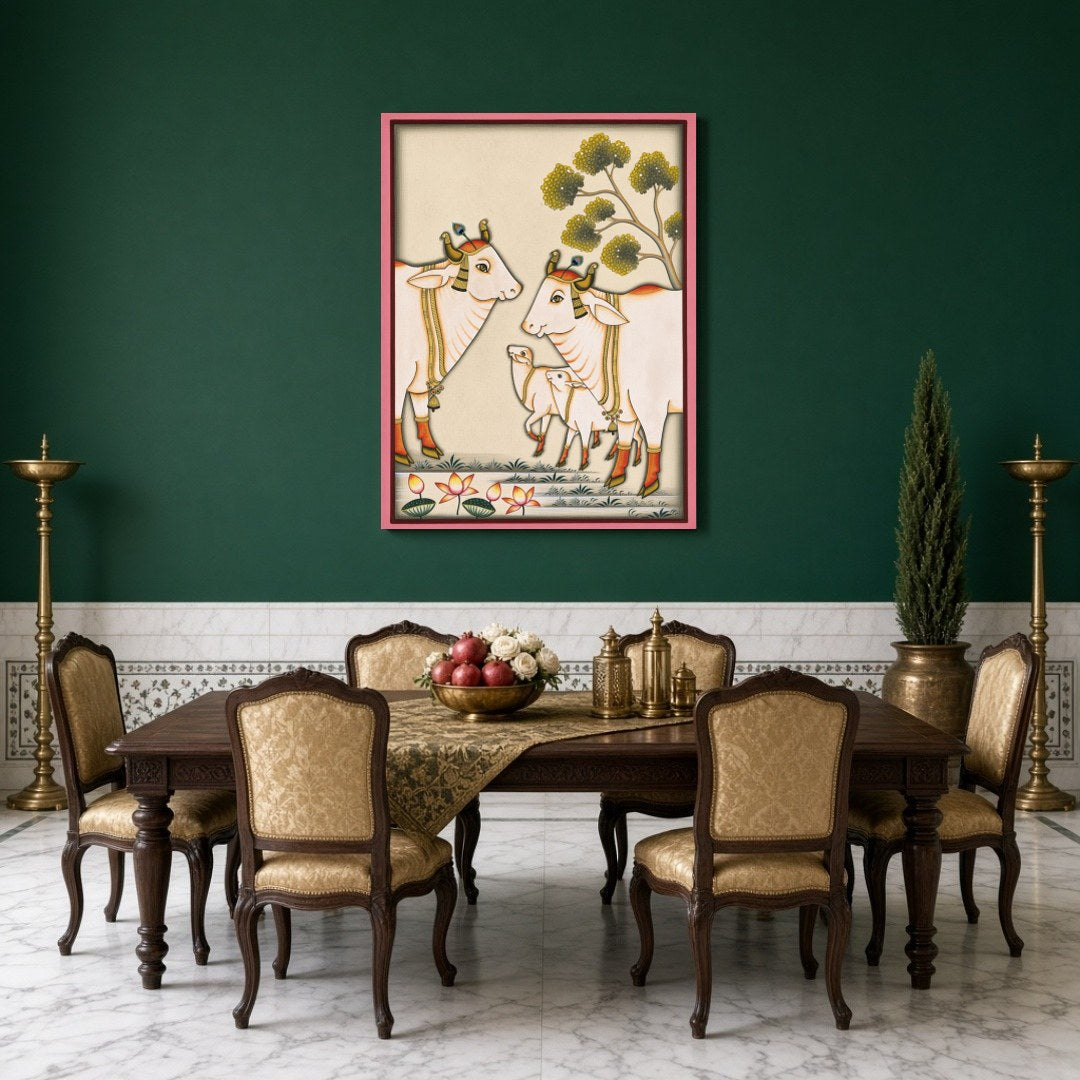 Immerse yourself in the serene beauty of Pichwai art with this captivating piece depicting the for Dining