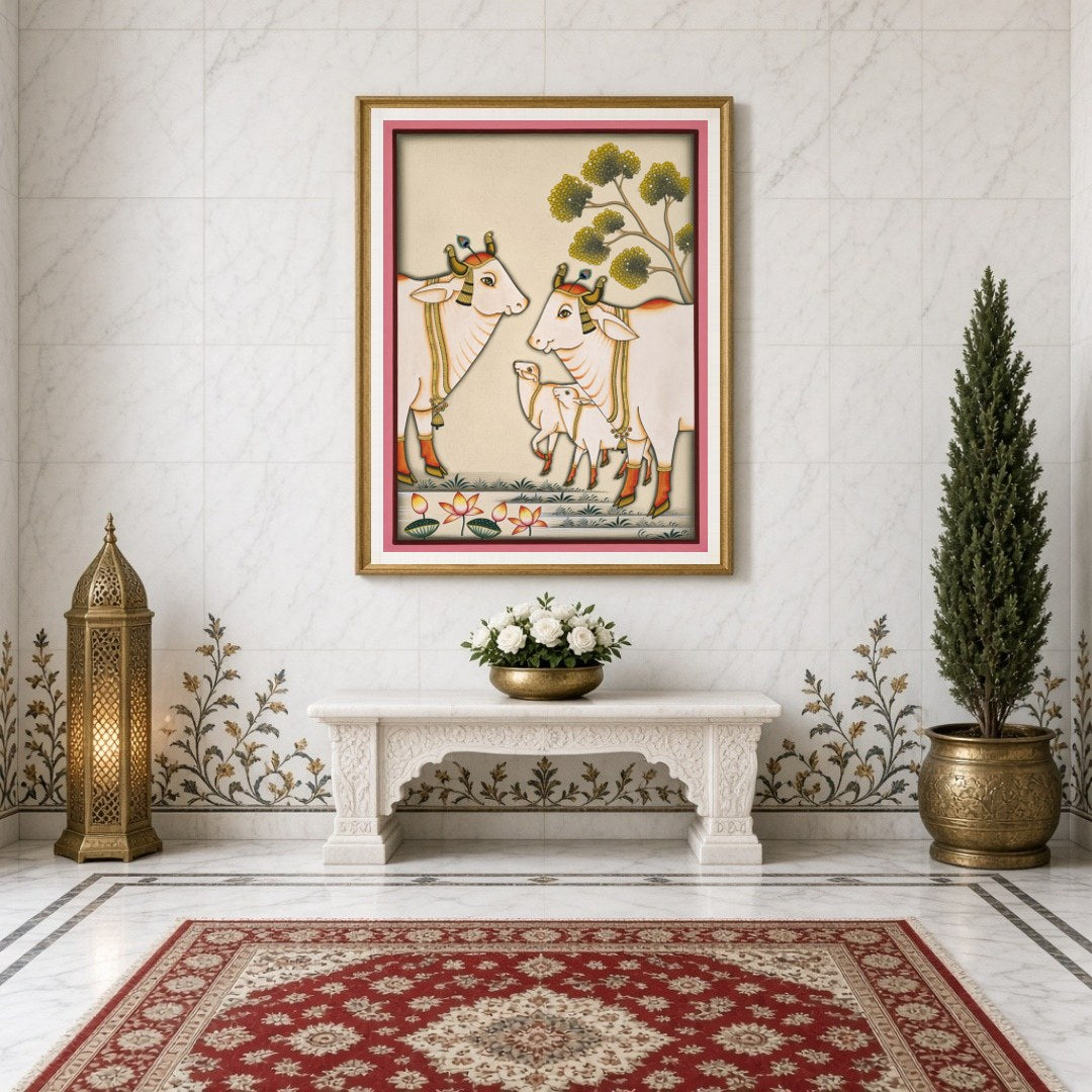Immerse yourself in the serene beauty of Pichwai art with this captivating piece depicting the for Entrance