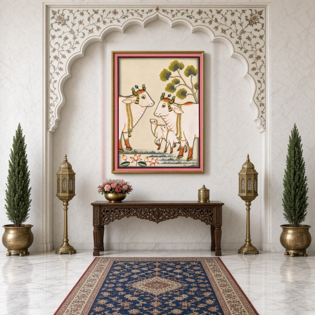 Immerse yourself in the serene beauty of Pichwai art with this captivating piece depicting the for Hallway