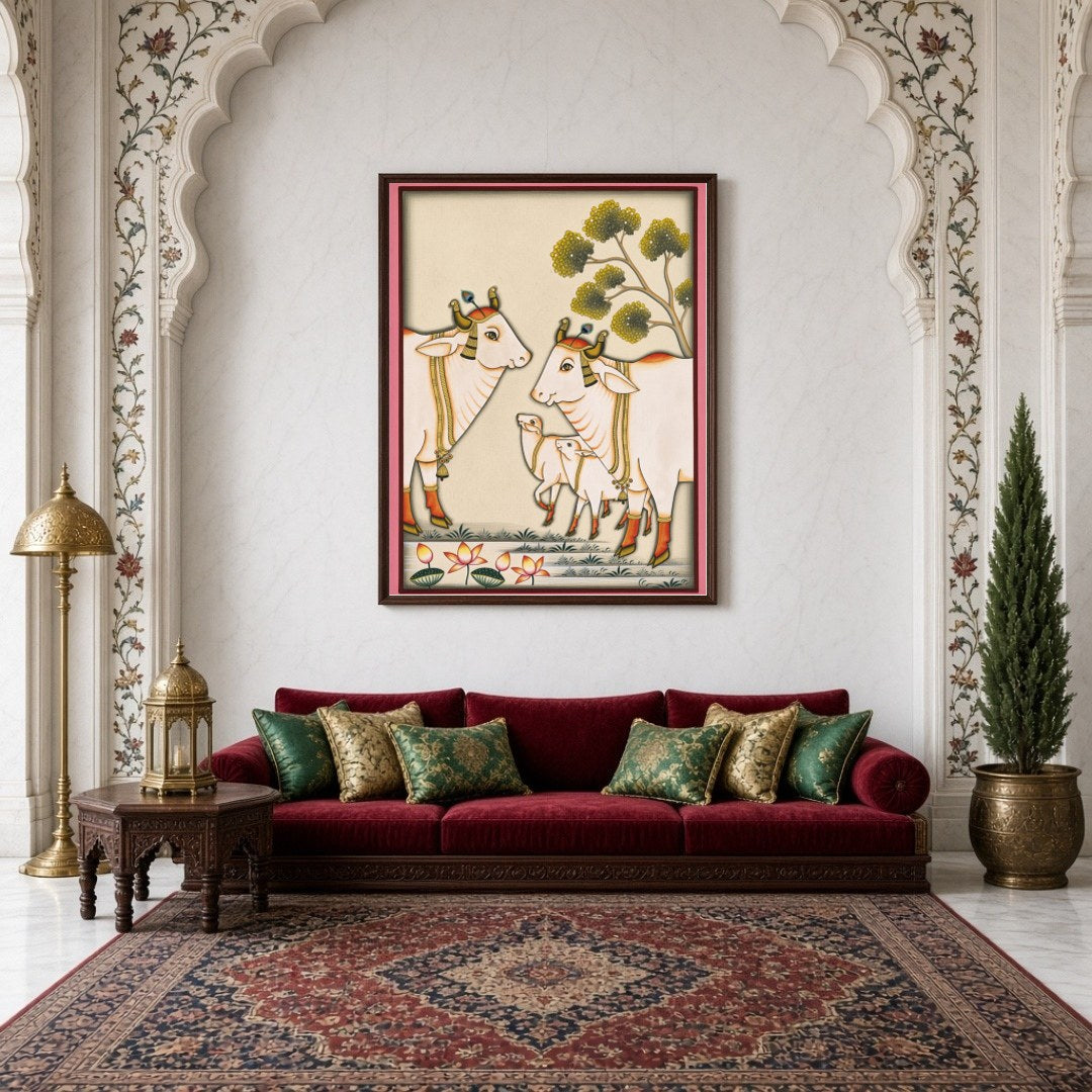 Immerse yourself in the serene beauty of Pichwai art with this captivating piece depicting the for Living Room