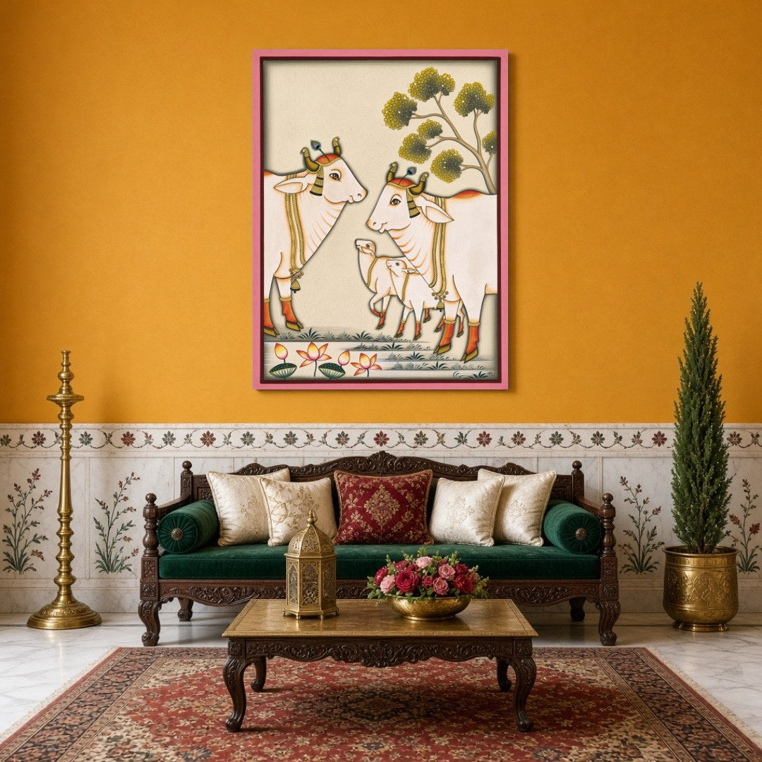 Immerse yourself in the serene beauty of Pichwai art with this captivating piece depicting the for Sitting Area