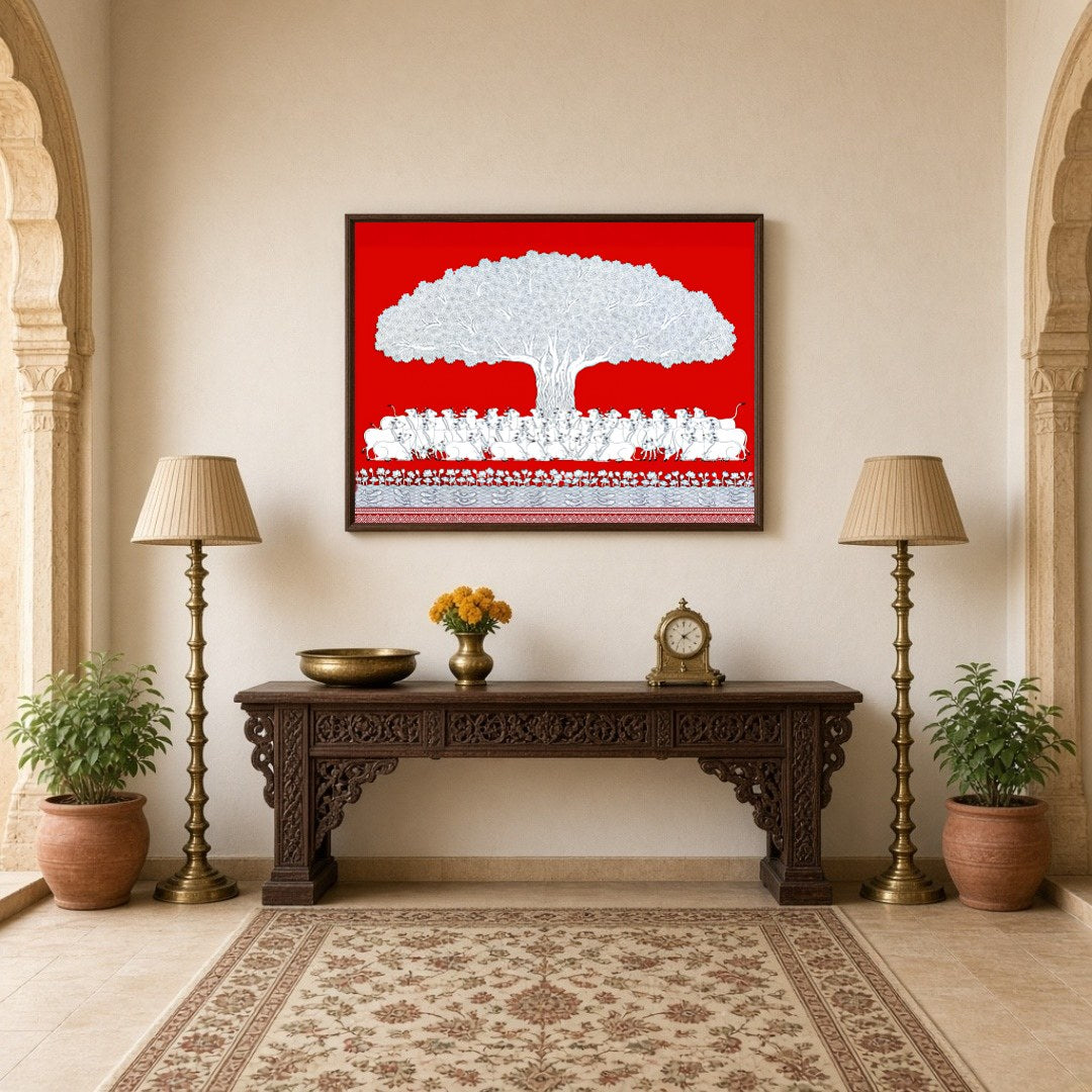 This exquisite Pichwai artwork captures the serene beauty of a sacred bovine assembly beneath a for Hallway