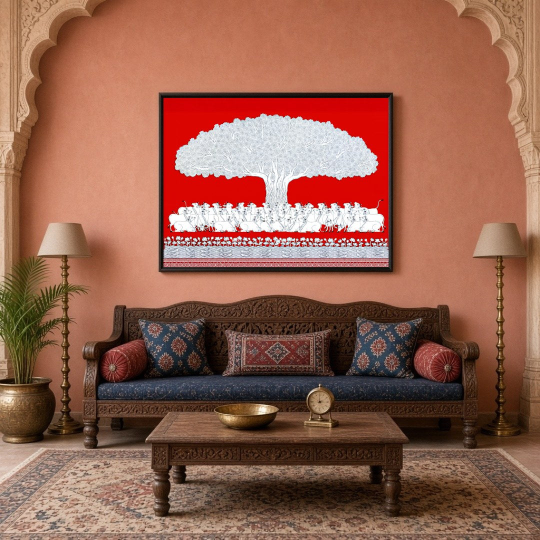 This exquisite Pichwai artwork captures the serene beauty of a sacred bovine assembly beneath a for Living Room