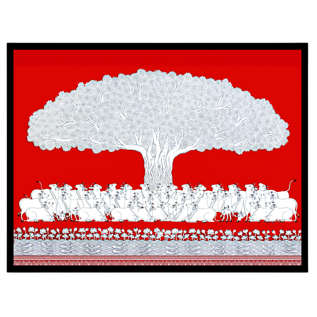 This exquisite Pichwai artwork captures the serene beauty of a sacred bovine assembly beneath a for place
