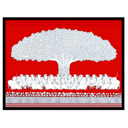 This exquisite Pichwai artwork captures the serene beauty of a sacred bovine assembly beneath a for place