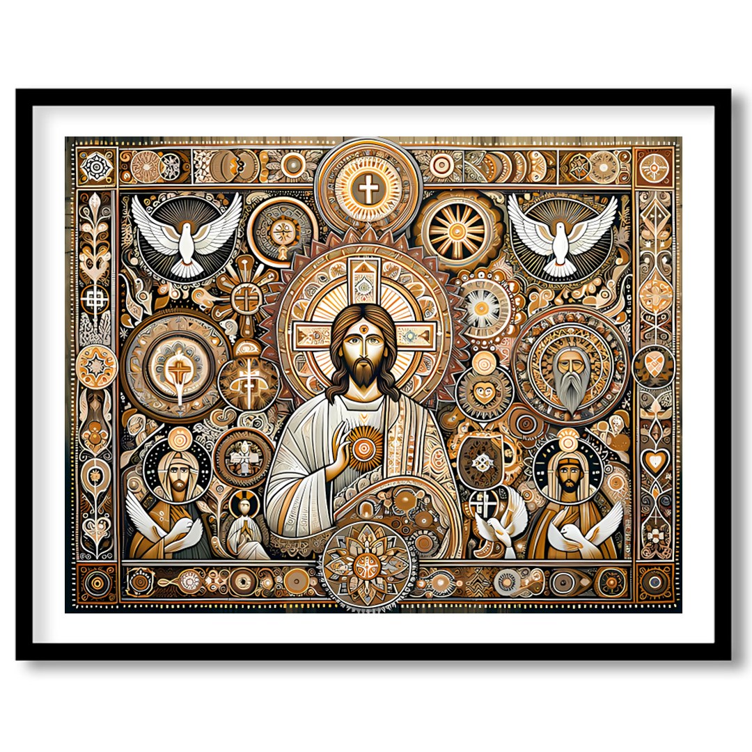 This captivating artwork weaves traditional religious iconography with intricate patterns and a for bedroom