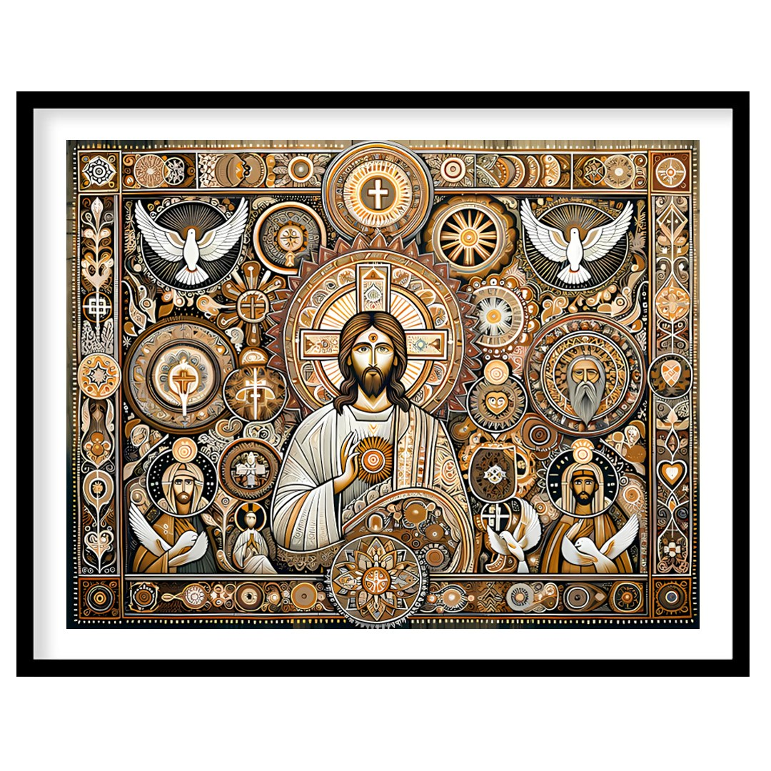 This captivating artwork weaves traditional religious iconography with intricate patterns and a for bedroom