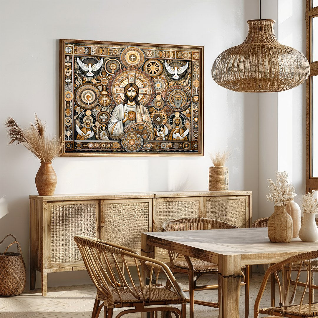 This captivating artwork weaves traditional religious iconography with intricate patterns and a for Dining