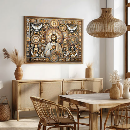 This captivating artwork weaves traditional religious iconography with intricate patterns and a for Dining